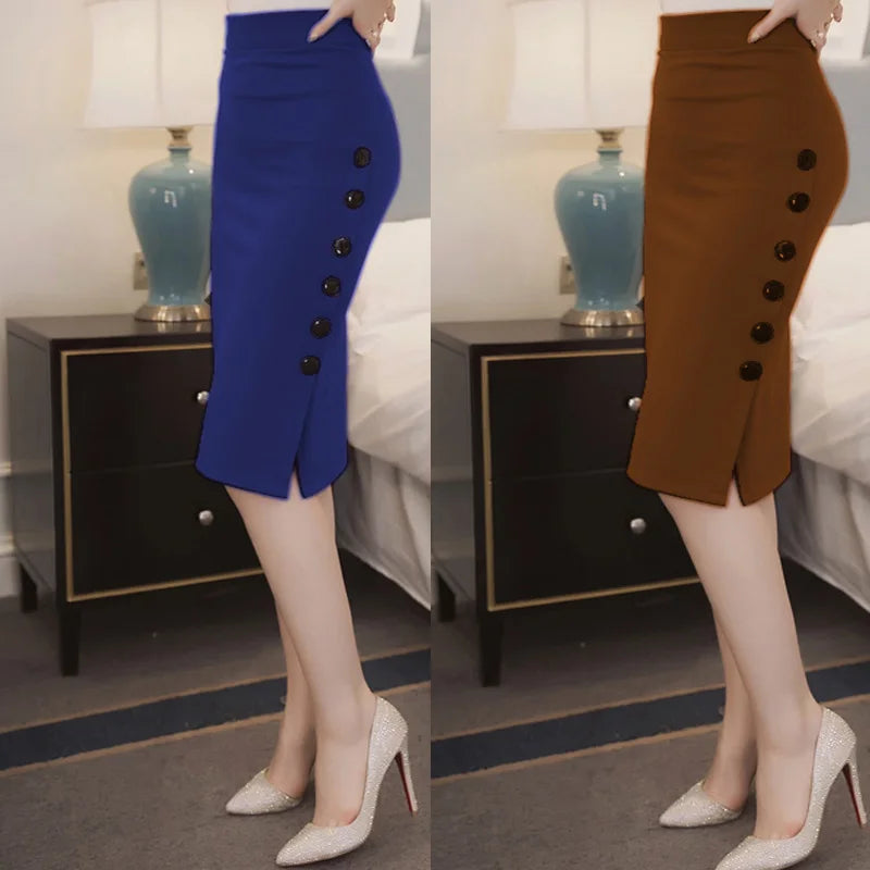 Women Elegant Slim Pencil Skirts High Waist Ladies Skirt Side Split Button Office Ladies Bodycon Fitted Skirts