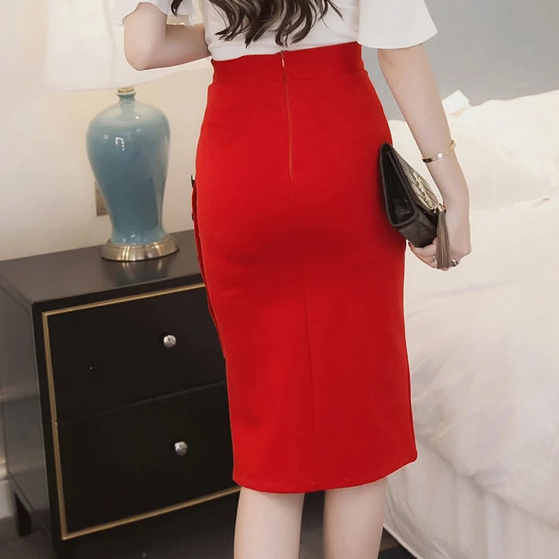 Women Elegant Slim Pencil Skirts High Waist Ladies Skirt Side Split Button Office Ladies Bodycon Fitted Skirts