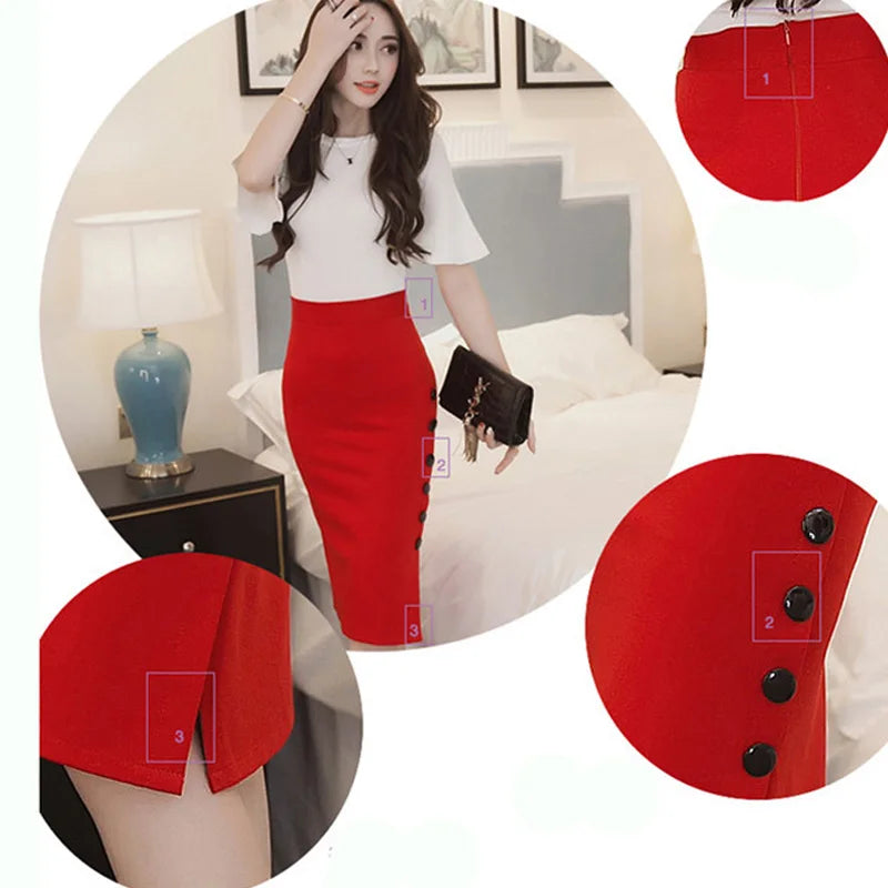Women Elegant Slim Pencil Skirts High Waist Ladies Skirt Side Split Button Office Ladies Bodycon Fitted Skirts