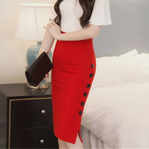 Women Elegant Slim Pencil Skirts High Waist Ladies Skirt Side Split Button Office Ladies Bodycon Fitted Skirts