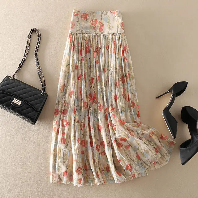 Fashion Mesh Floral Skirt Women s Clothing 2023 Summer Elegant Vintage Zipper Midi High Waist A-Line Casual Pleated Skirt
