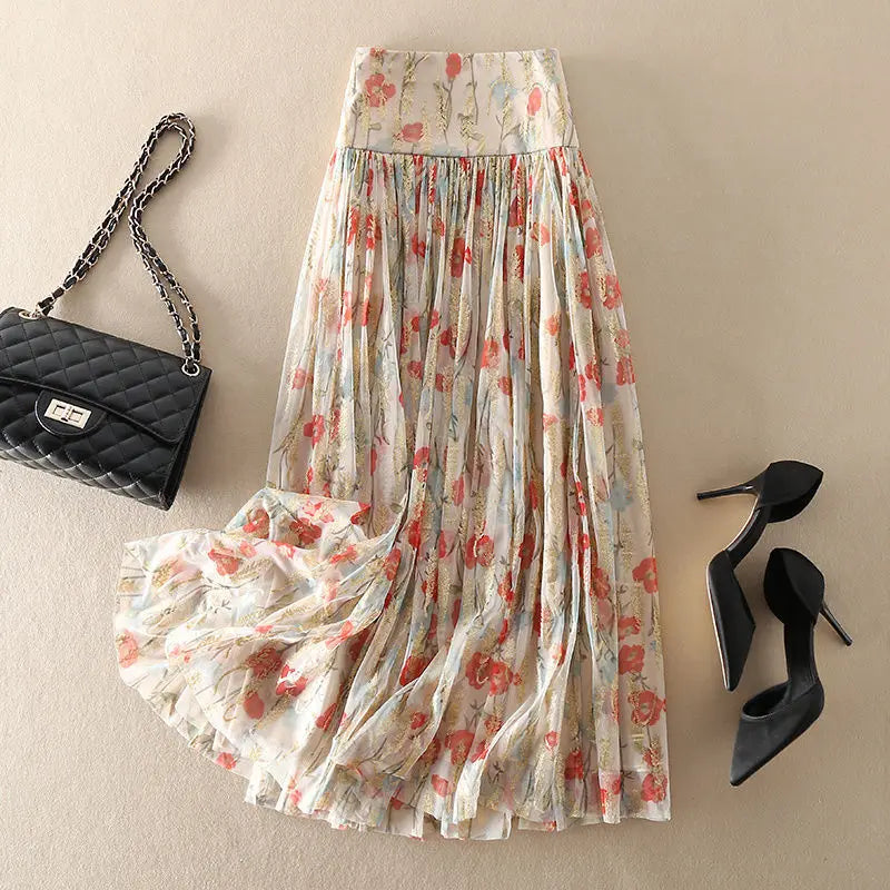 Fashion Mesh Floral Skirt Women s Clothing 2023 Summer Elegant Vintage Zipper Midi High Waist A-Line Casual Pleated Skirt
