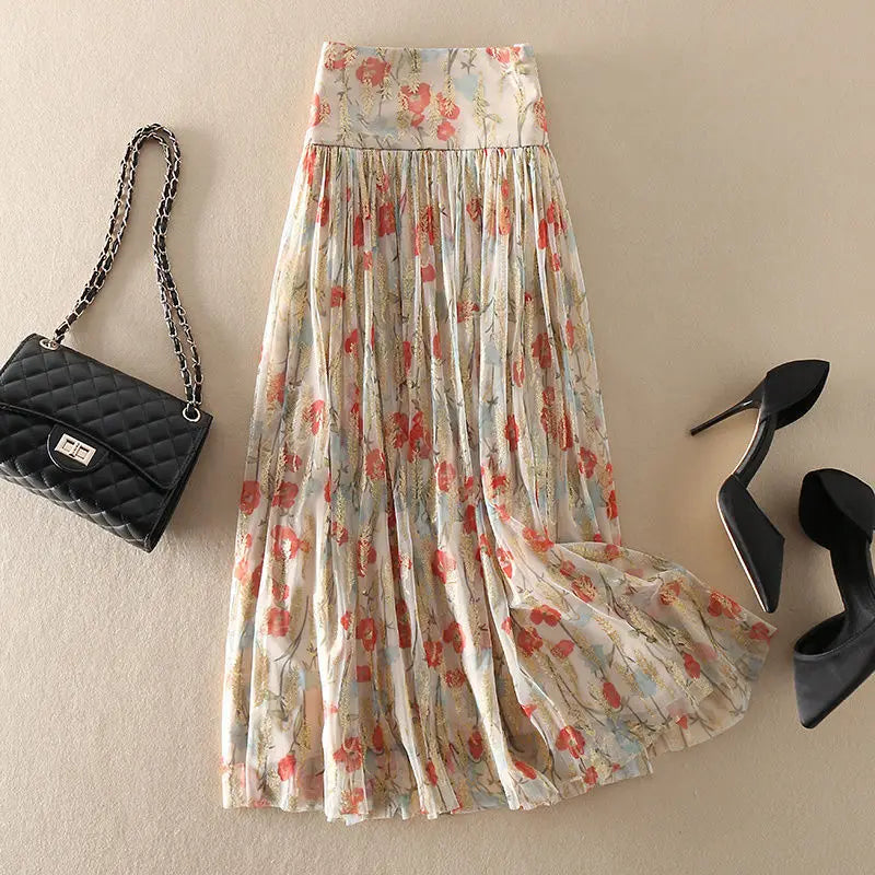 Fashion Mesh Floral Skirt Women s Clothing 2023 Summer Elegant Vintage Zipper Midi High Waist A-Line Casual Pleated Skirt