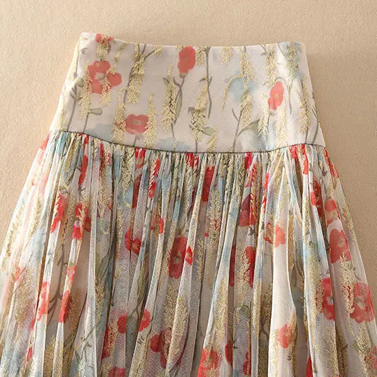 Fashion Mesh Floral Skirt Women s Clothing 2023 Summer Elegant Vintage Zipper Midi High Waist A-Line Casual Pleated Skirt