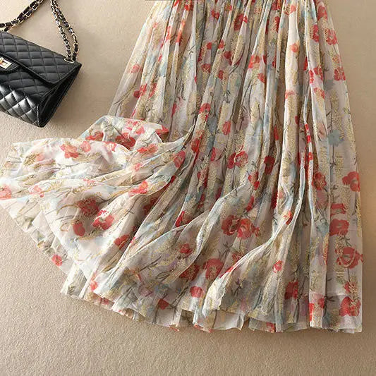 Fashion Mesh Floral Skirt Women s Clothing 2023 Summer Elegant Vintage Zipper Midi High Waist A-Line Casual Pleated Skirt