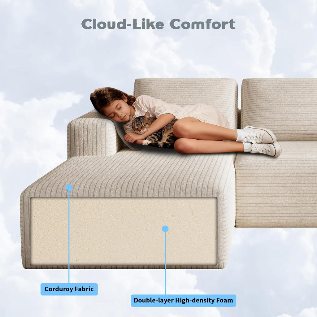 106" Corduroy Sectional Couch, Boneless L Shaped Couch with Deep Seat, Cloud Foam Sofa with Oversized Chaise, Sectional Sofa No Assembly Needed for Living Room