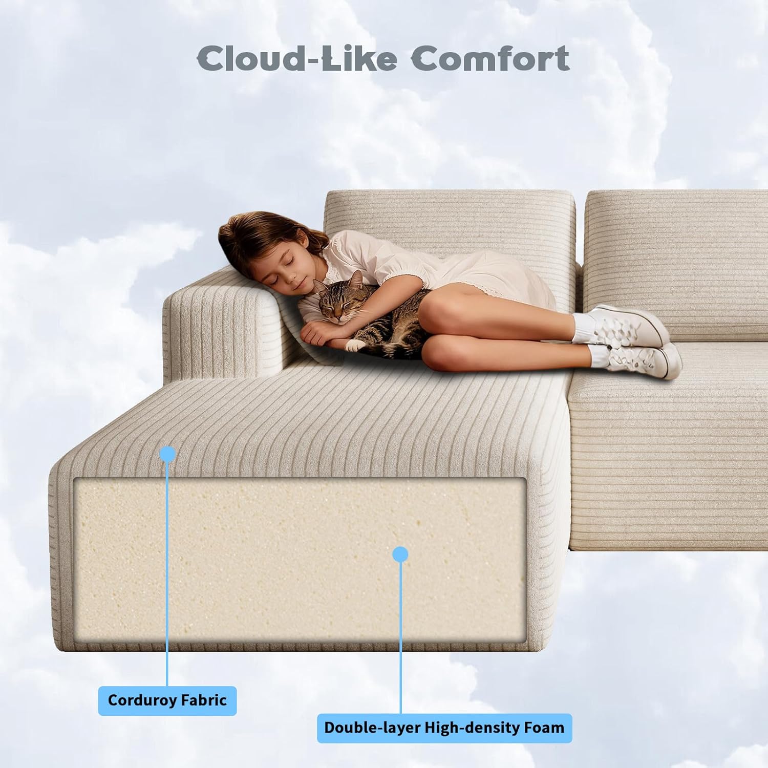 106" Corduroy Sectional Couch, Boneless L Shaped Couch with Deep Seat, Cloud Foam Sofa with Oversized Chaise, Sectional Sofa No Assembly Needed for Living Room