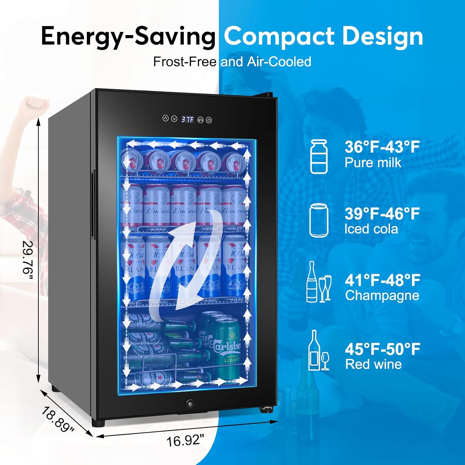 FoMup Beverage Refrigerator 17 inch Wide - 126 Can Beverage Cooler with Glass Door | Counter-Top/Freestanding Mini Beverage Beer Fridge | Temperature Memory | Invisible Door | Perfect for Soda, Beer
