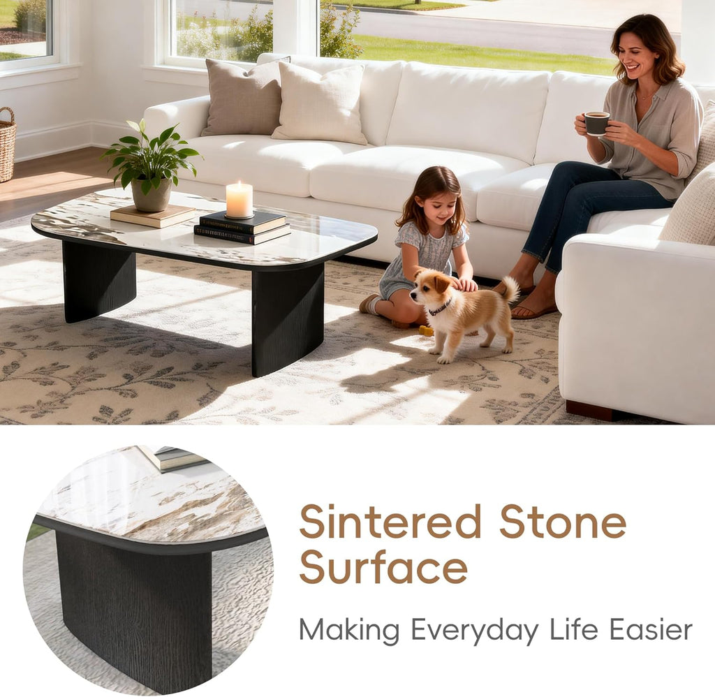 Luxury Marble Coffee Table, Premium Sintered Stone Top, Natural Wood Look Base, Modern Design Stone Cocktail Table, Marble Top Coffee Table for Living Room, Sculptural Contemporary Center Table