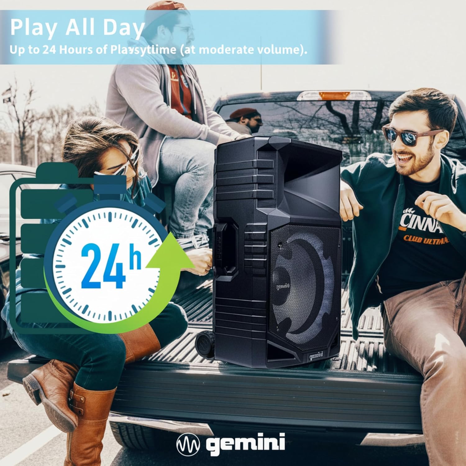 Gemini Sound Portable PA Speaker System with Bluetooth – 15" Woofer, All-Weather IPX4, 24Hr Battery, RGB LED Party Lights, Mic & Guitar Inputs, USB/FM Radio, Wireless Stereo Link (GXP-T1500)