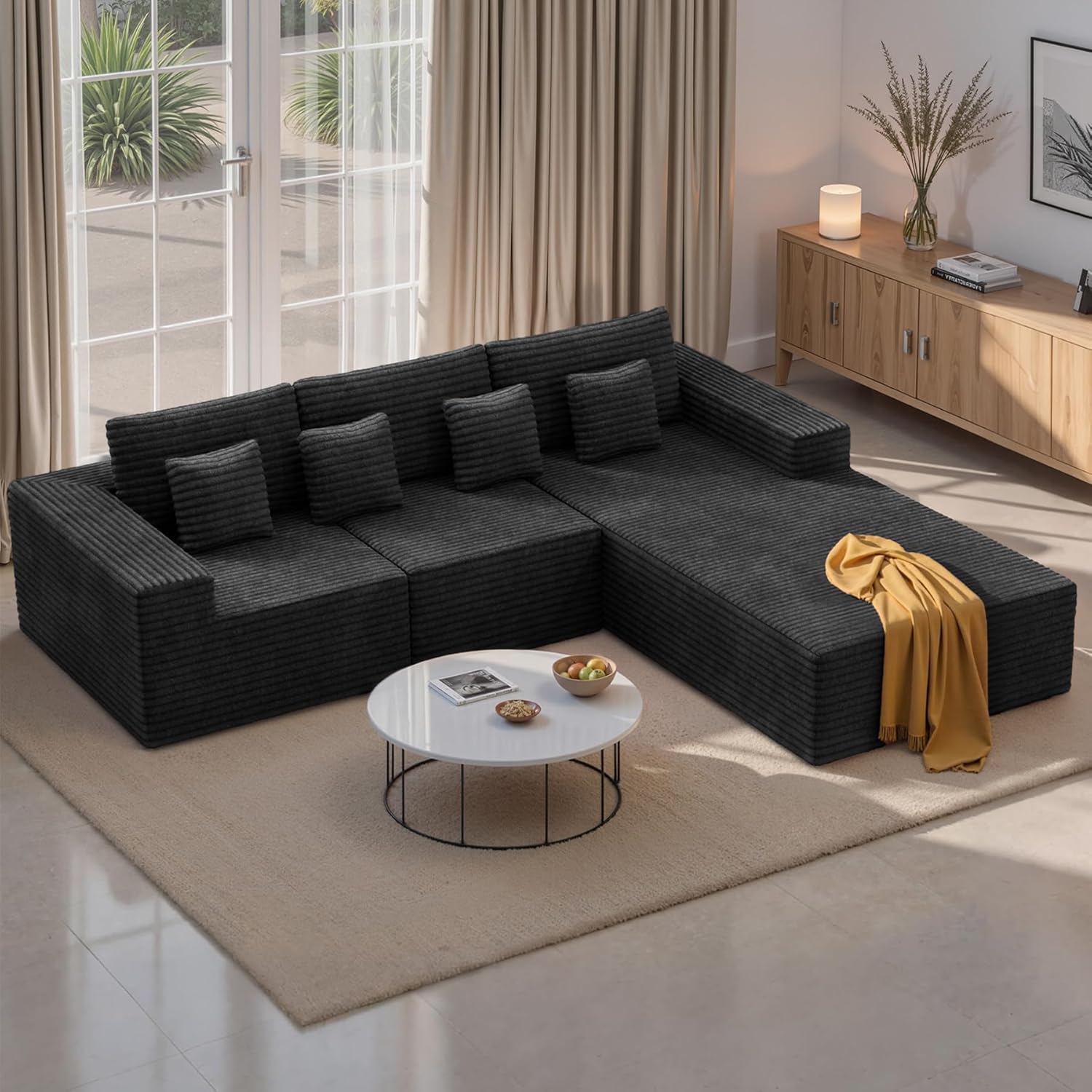 111'' Modular Sectional Cloud Couches with L Shaped Chaise, Upholstered Deep Seat Boneless Sofa for Living Room, Bedroom, No Assembly Required-Black 1PCS(Corduroy Fabric)
