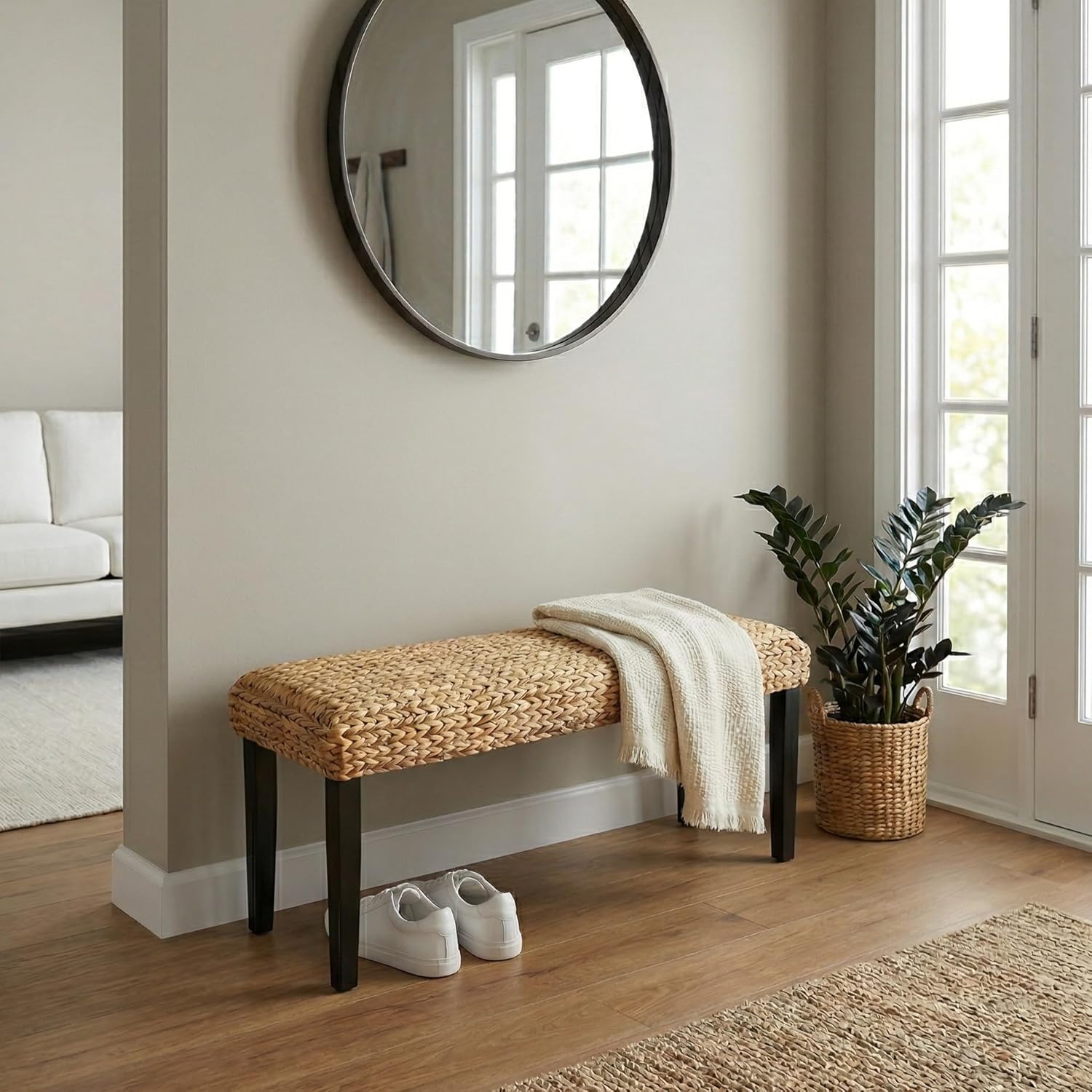 End of Bed Bench for Bedroom, 47" Entryway Bench with Solid Wood Acacia, Water Hyacinth Indoor Bench Seat, Boho Woven Bench for Living Room, Wicker Bench for Hallway or Kitchen, Wood Bench (Black Leg)