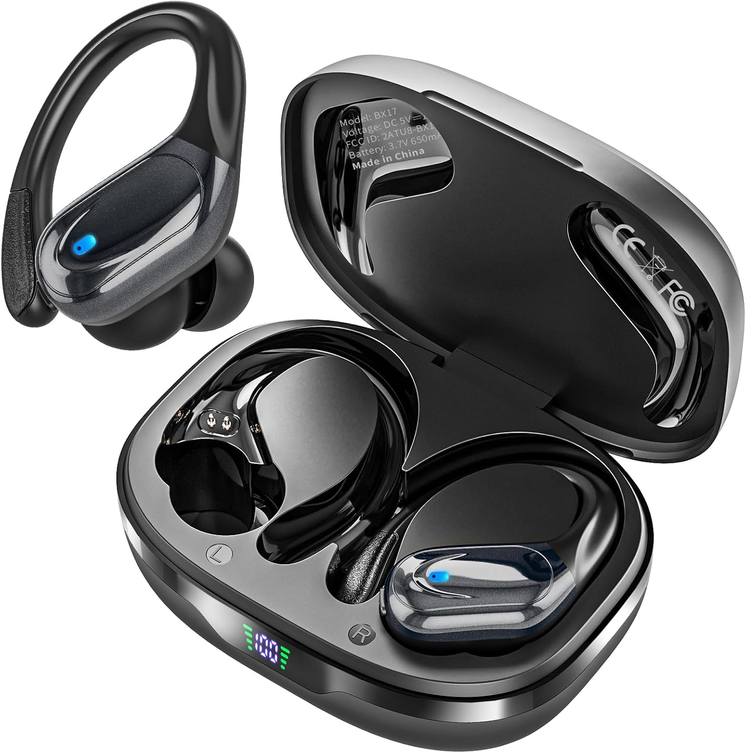 HAOYUYAN Sports Bluetooth Headphones, 80Hrs Playtime Wireless Earbuds with LED Power Display, IPX7 Waterproof Earphones for Workout/Running, Noise Canceling Headset Ear Buds(Black)