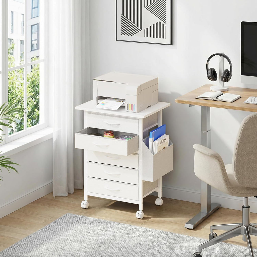 HIGDBFE 5 Fabric Drawers File Cabinet with Side Pocket, Rolling Printer Stand with Storage for Home Office, Wood Top Storage Cabinet for Documents and Crafts, White, 15" D