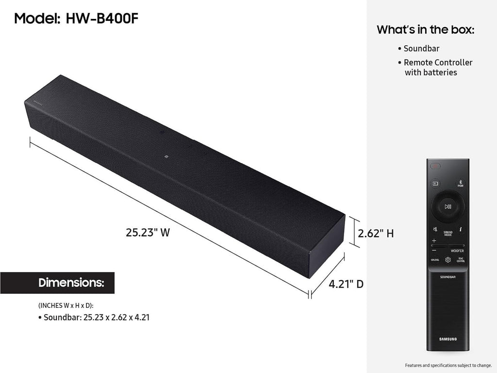 Samsung HW-B400F B-Series 2.1ch Soundbar with Wireless Subwoofer - Deep Bass, Smart Sound & Game Mode - Bluetooth Wireless TV Connection for Home Theater and Gaming