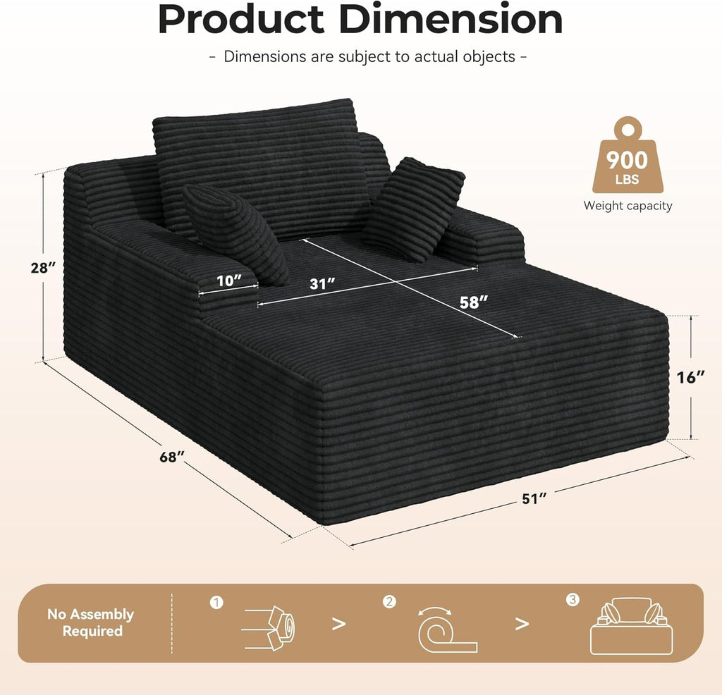 51'' Oversized Chaise Lounge Chair Indoor, Non-Assembly Deep Seat Sofa Bed Corduroy Sleeper Cloud Couch with 2pcs Pillows for Reading Living Room-Black