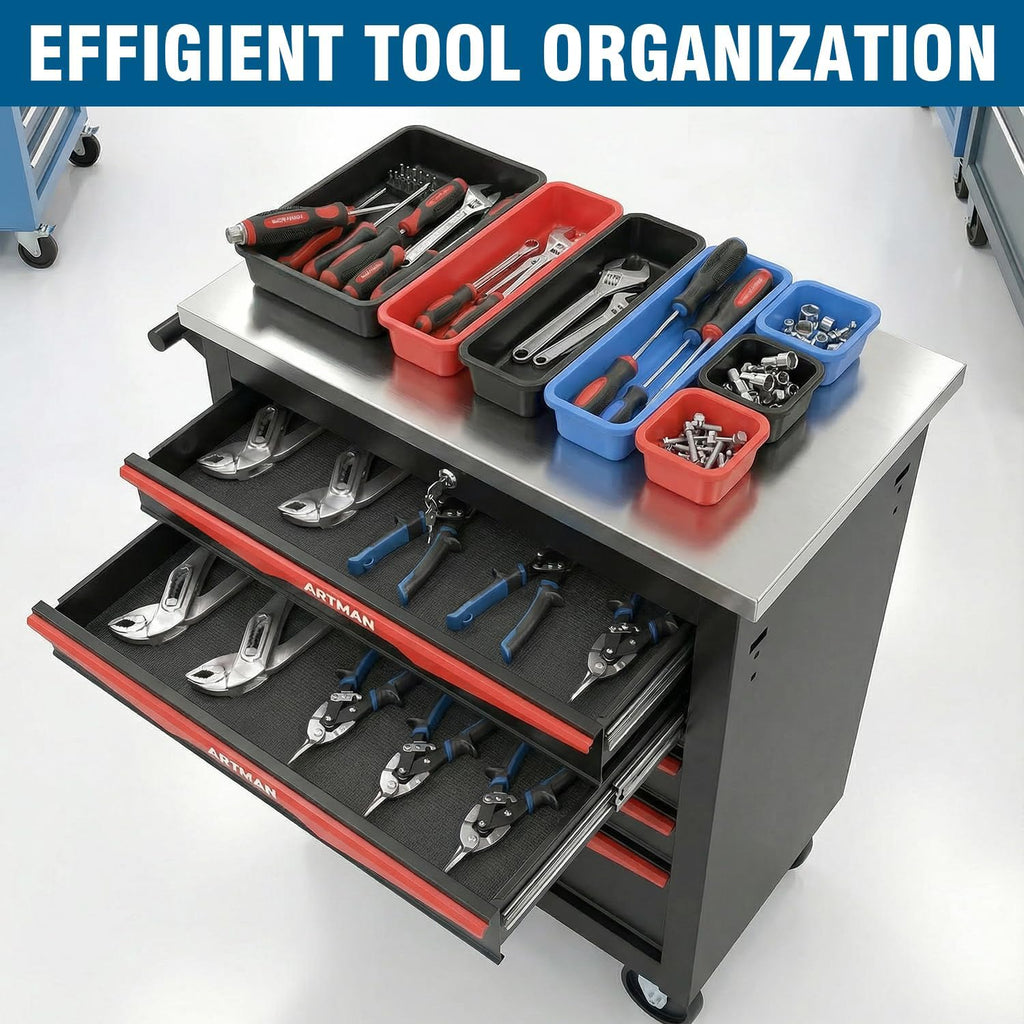 6-Drawer Rolling Tool Chest with Stainless Steel Countertop, Tool Chest with Secure Locking System, Mobile Storage Tool Cabinet with 360°Wheels and Padded Feet for Garage,Home (Black+Red)