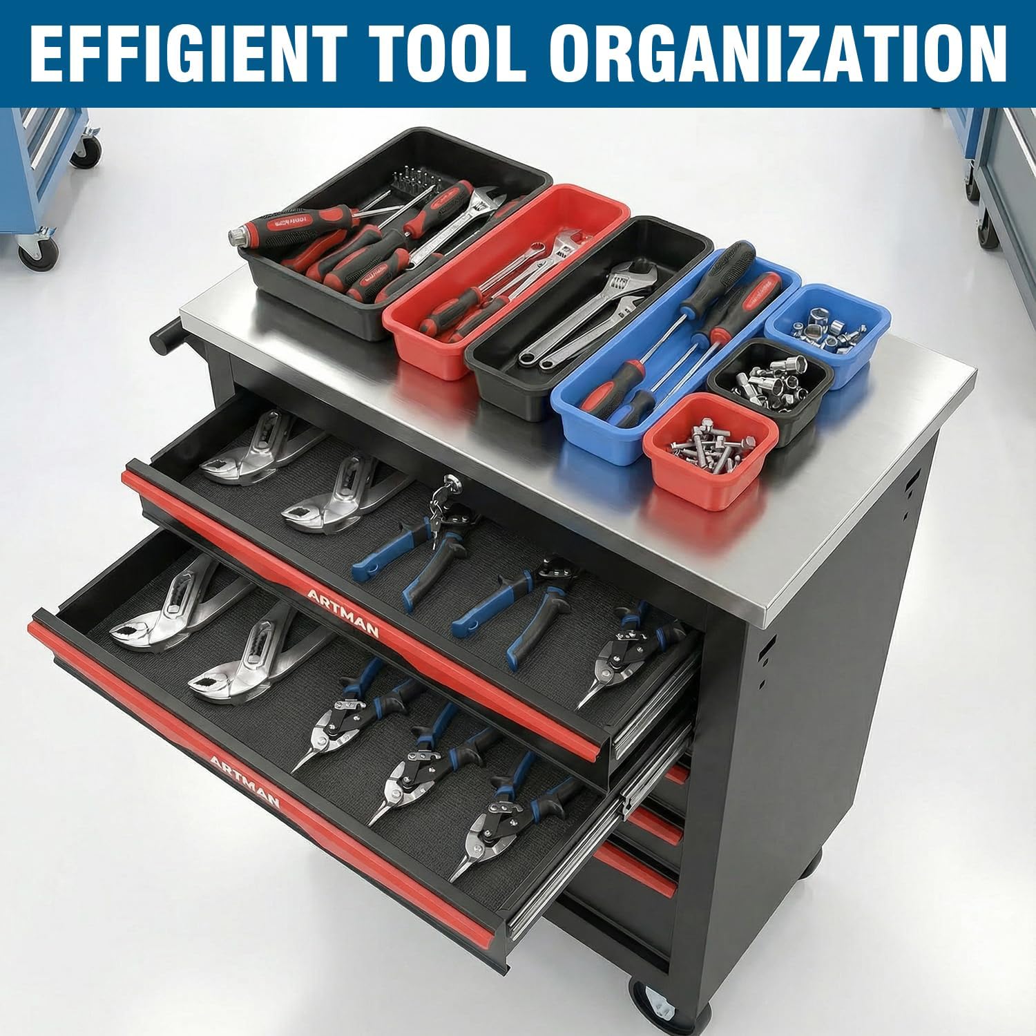 6-Drawer Rolling Tool Chest with Stainless Steel Countertop, Tool Chest with Secure Locking System, Mobile Storage Tool Cabinet with 360°Wheels and Padded Feet for Garage,Home (Black+Red)
