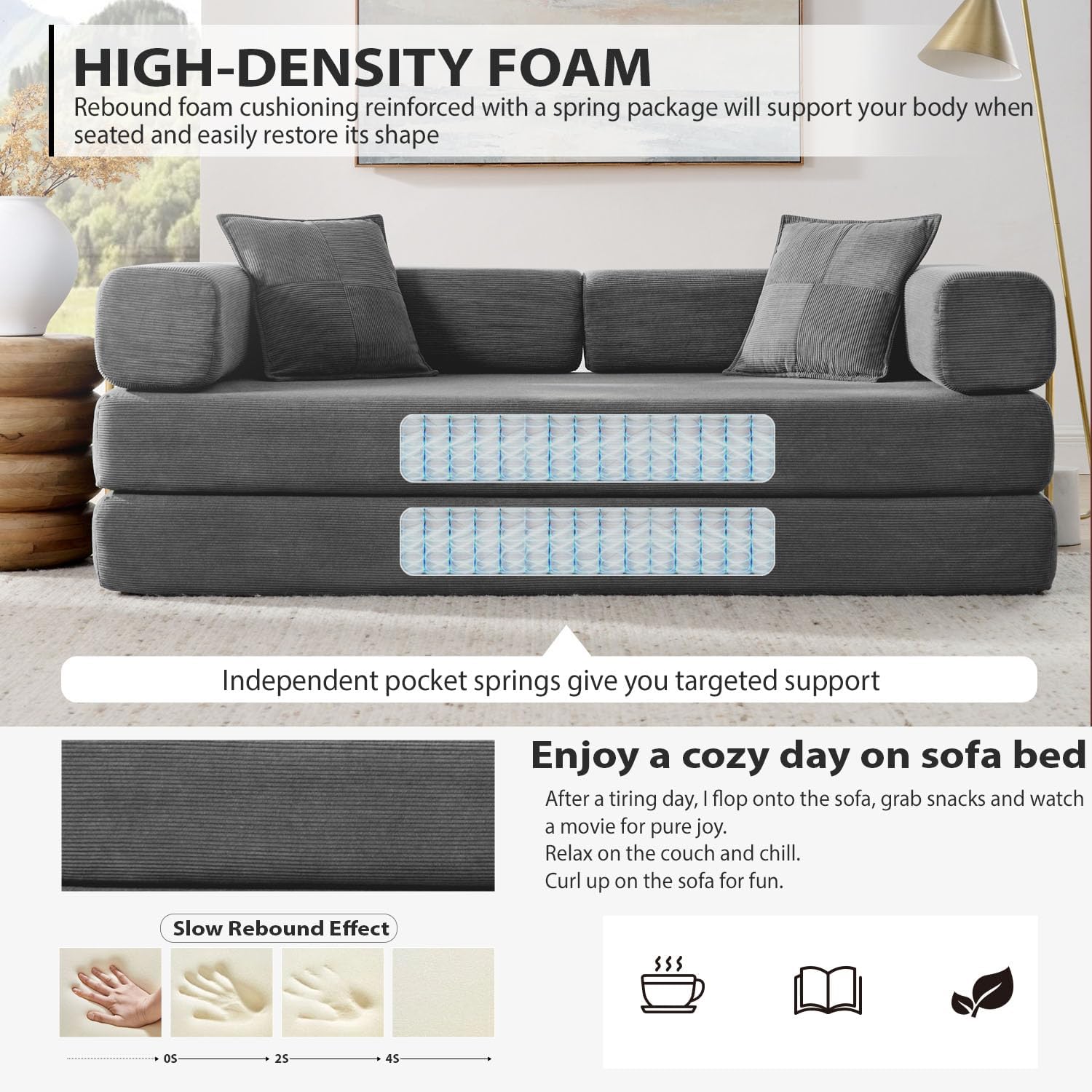 4-in-1 Folding Convertible Sofa Bed, 78 Inch Boneless Couch with Fixed-Shape Frame, Corduroy Loveseat Sleeper with Pull Out Bed, Floor Sofa Modular Futon Couch for Living Room Bedroom Lounge (Grey)