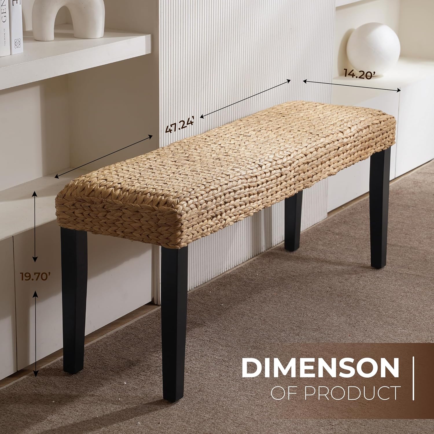End of Bed Bench for Bedroom, 47" Entryway Bench with Solid Wood Acacia, Water Hyacinth Indoor Bench Seat, Boho Woven Bench for Living Room, Wicker Bench for Hallway or Kitchen, Wood Bench (Black Leg)