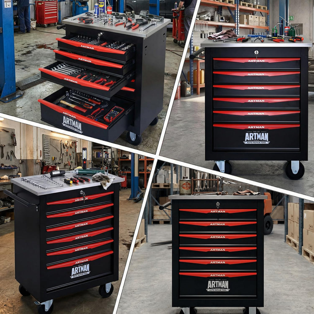 6-Drawer Rolling Tool Chest with Stainless Steel Countertop, Tool Chest with Secure Locking System, Mobile Storage Tool Cabinet with 360°Wheels and Padded Feet for Garage,Home (Black+Red)