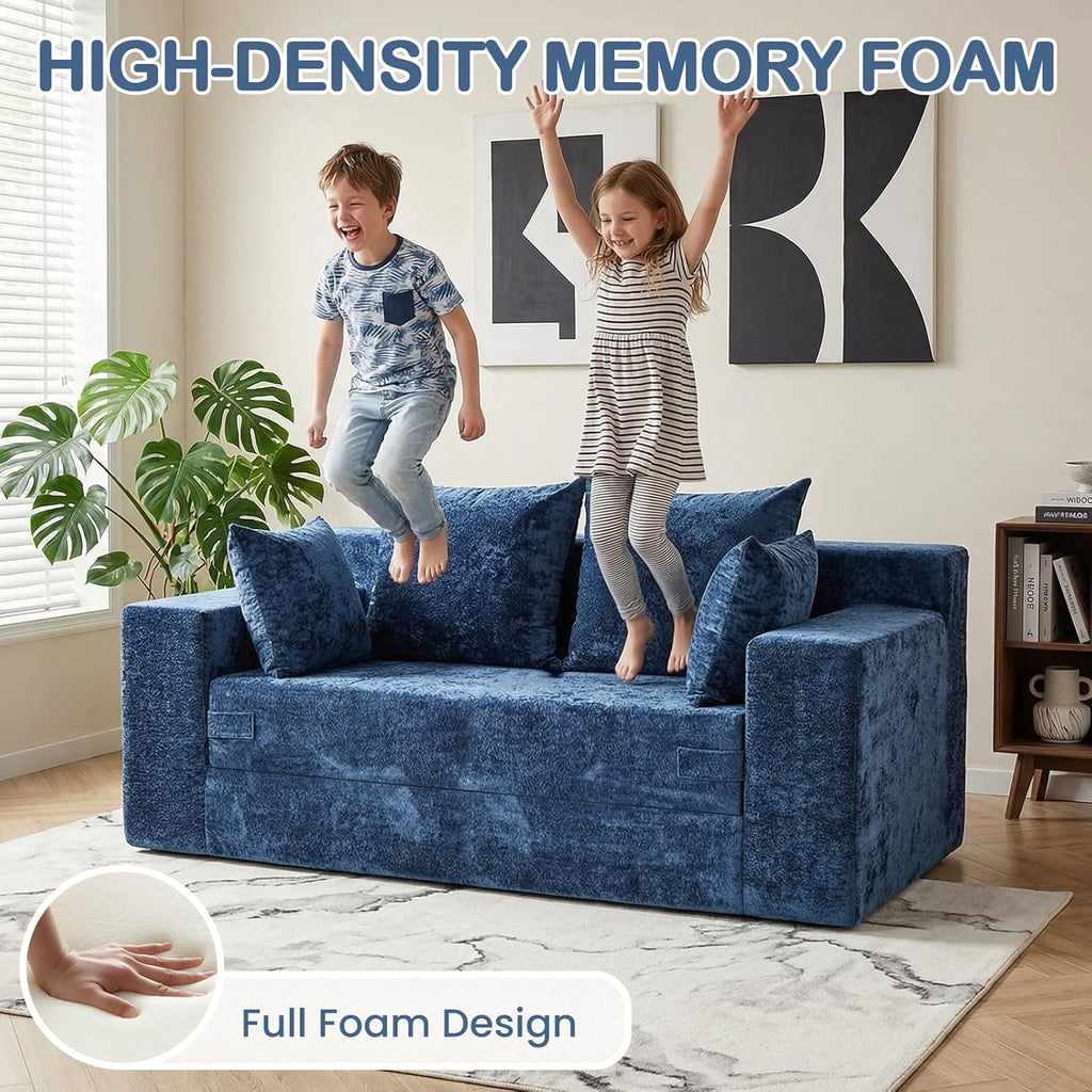 Boneless Loveseat Sofa Bed, 3-in-1 Convertible Sofa Bed Sleeper Sofa Floor Futon Couch for Living Room, Velvet-Blue