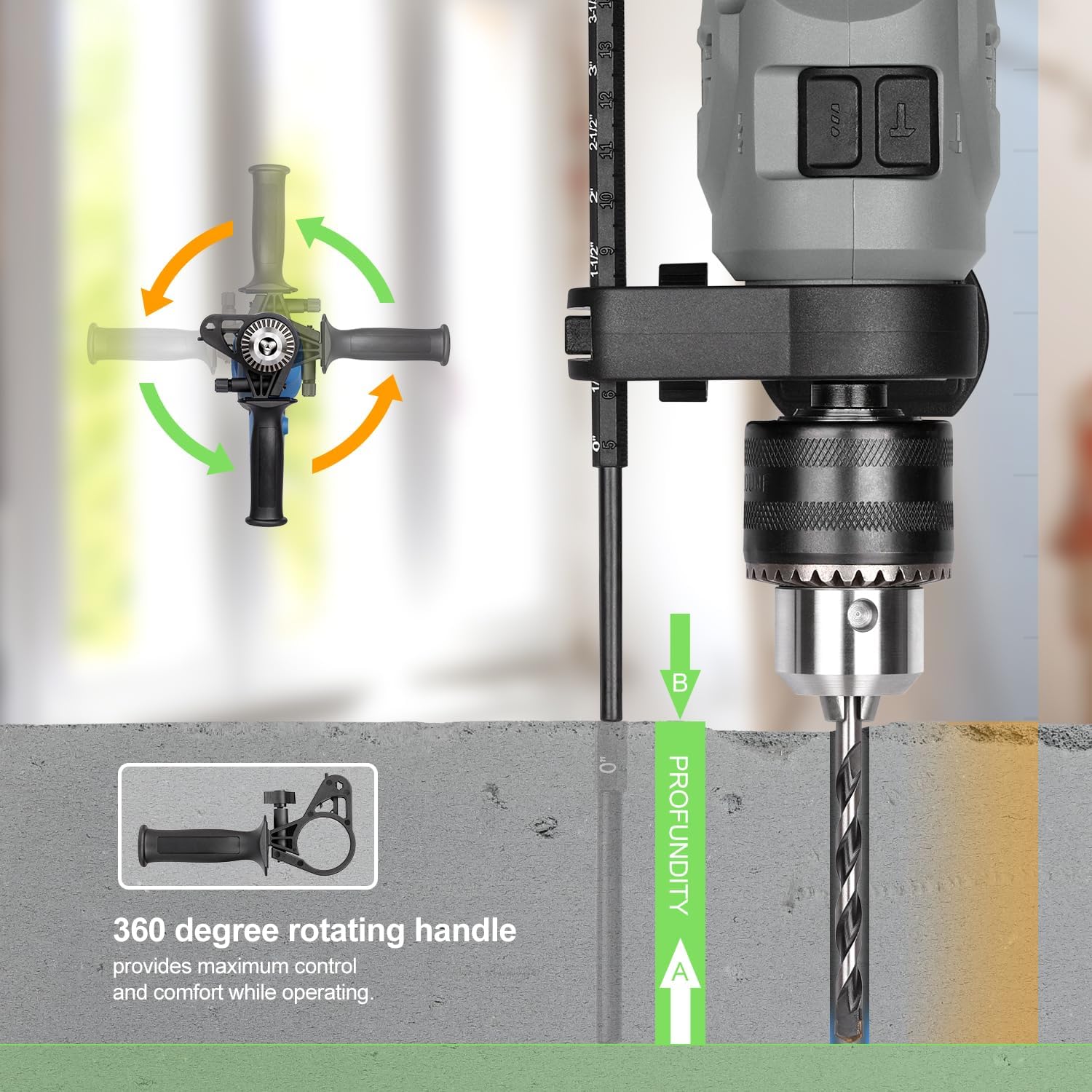 Corded Hammer Drill 3000RPM with 5pcs Bits, 4.5Amp 1/2 Inch Keyed Metal Chuck Impact Drill, 360° Rotating Handle and 12 Variable Speed for 2 Functions in 1