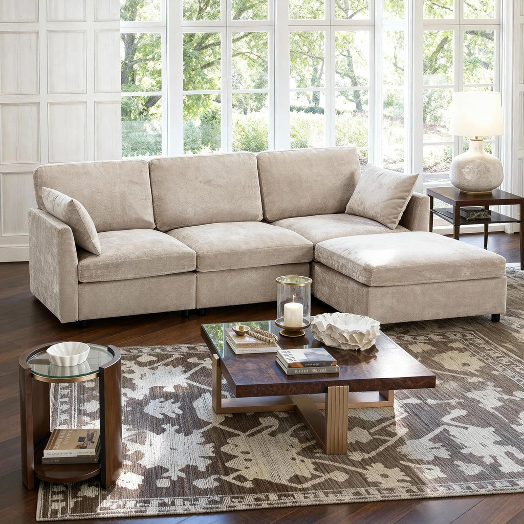 Iroomy Sectional Cloud Couch for Living Room, Spring Cushion Seating, L Shaped Convertible Modular Sofa with Ottoman, Khaki | Convertible, Balanced Comfort, Soft-Strong Chenille, Apartment-Friendly
