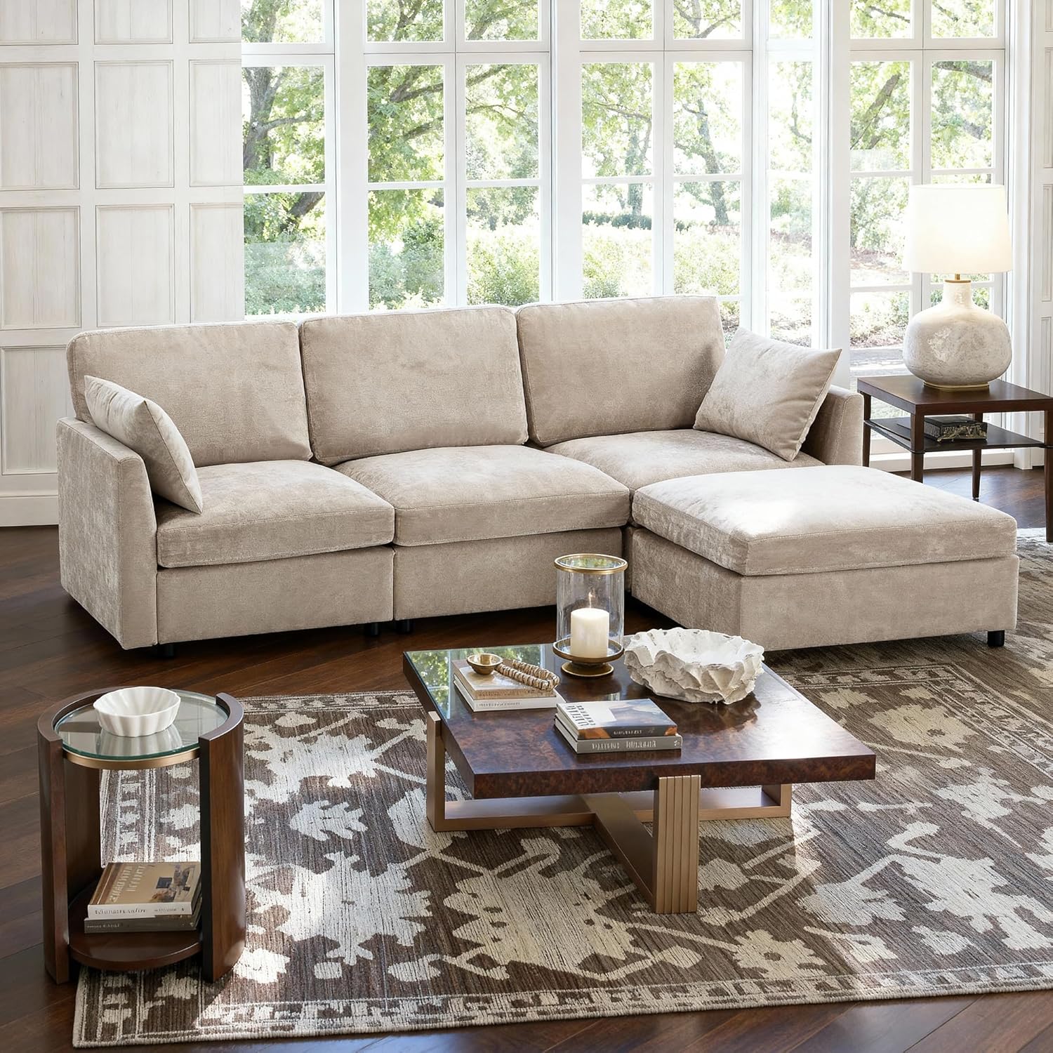 Iroomy Sectional Cloud Couch for Living Room, Spring Cushion Seating, L Shaped Convertible Modular Sofa with Ottoman, Khaki | Convertible, Balanced Comfort, Soft-Strong Chenille, Apartment-Friendly