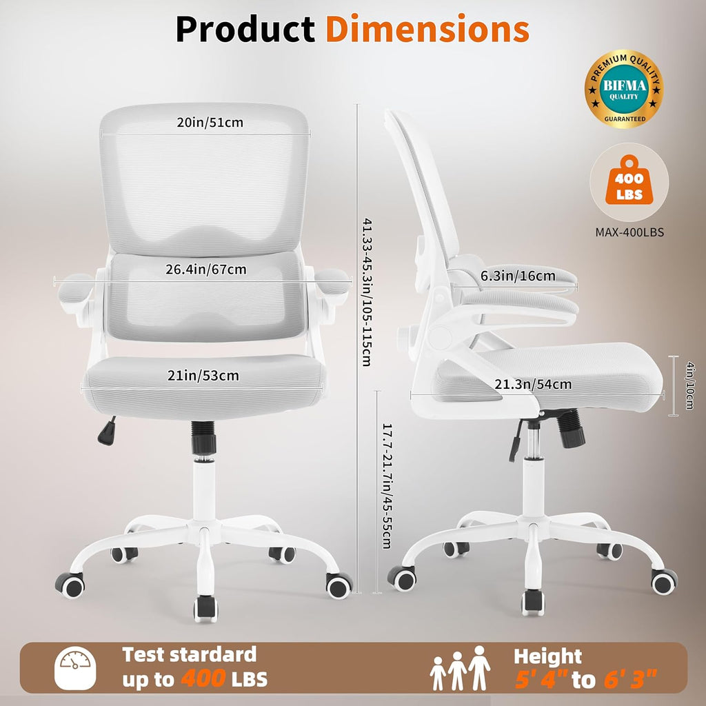 Ergonomic Office Chair,Mesh Office Chair with Lumbar Support,Mid Back Desk Chair with Flip-up Arms,400 lbs Comfy Computer Chair for Home Office (Light Grey)