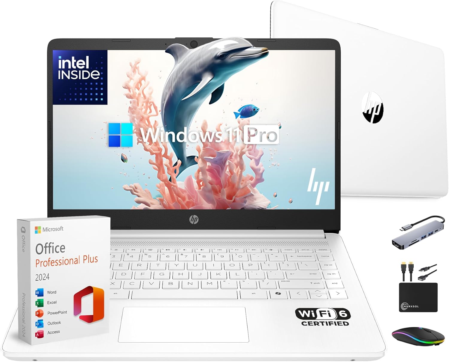 HP 14" Laptop Thin and Light for 2026 Student Business with Office Suite, Copilot AI, Intel CPU Up to 2.8GHz, 16GB RAM, 628GB Storage (128GB SSD+500GB Ext), WiFi 6, Win 11 Pro, MarxsolAccessory, White
