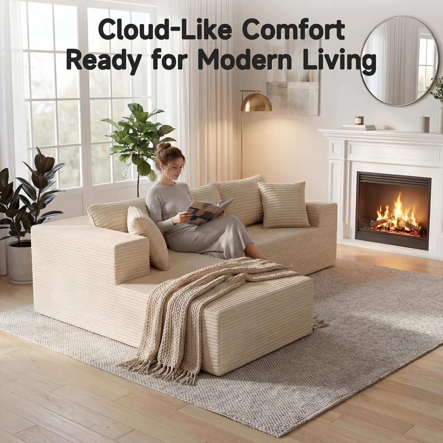 Bashaw 108" Modular Sectional Sofa Couches with Chaise, L-Shape Boneless Couch Deep Seat Upholstered Boneless Sectional Couch for Living Room (Beige, 108" Left Facing Chaise) | Sectional, Boneless, L-Shape, Deep Seat