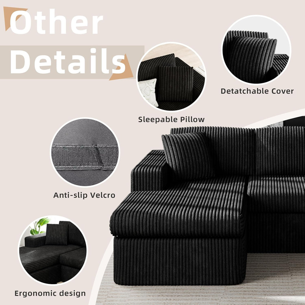 Shintenchi 105" Modular Sectional Sofa, Boneless L Shaped Couch with Deep Seat, Cloud Foam Couch with Oversized Chaise, Plush Corduroy Sofa No Assembly Needed for Living Room, Black
