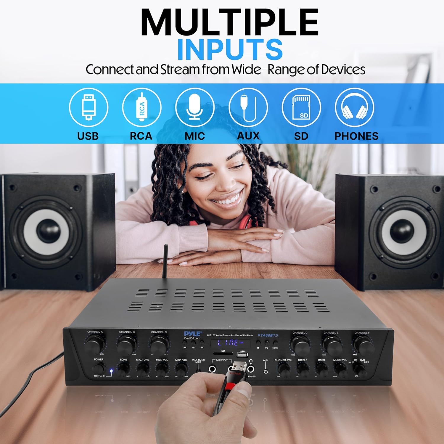 Pyle Bluetooth Home Audio Amplifier - 6 Channel Stereo Receiver Amp, 600 Watt Power, Commercial or Karaoke with Mic Talkover, Headphone Jack, 1/4'' Microphone In, USB SD AUX RCA FM Radio