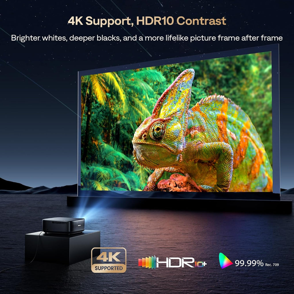 2500 ANSI & 30W Speakers Alvar 4K Support Projector with WiFi 6 and Bluetooth, dbx-tv Sound, Built in NetfIix App & DoIby Audio Outdoor Proyector, Auto Focus & Keystone Native 1080P Smart Projector