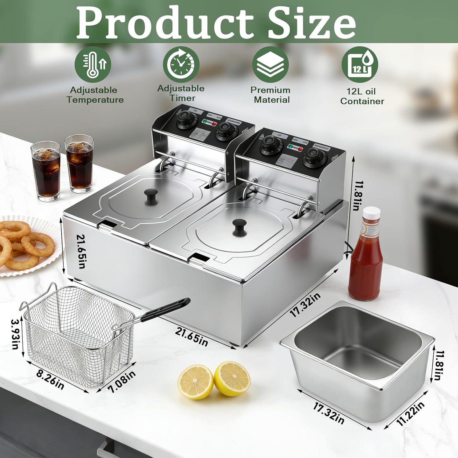 12L Electric Deep Fryer with Basket, 2500W Countertop Oil Fryer with Timer & Adjustable Temperature, Stainless Steel Frying Pot for Home Cooking