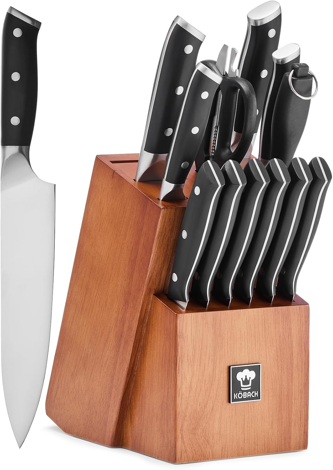 14 PCS Knife Set with Oak Wood Block,High Carbon Stainless Steel Kitchen Knife Set with Chef Knife, Santoku, Bread, Paring,Steak Knives, Kitchen Shears Sharp Knife Block Set with Sharpener