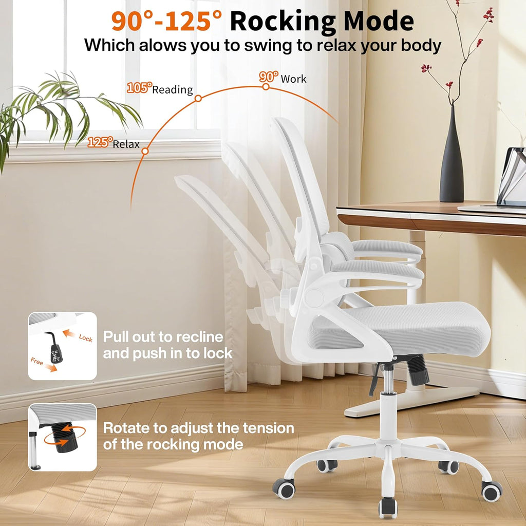 Ergonomic Office Chair,Mesh Office Chair with Lumbar Support,Mid Back Desk Chair with Flip-up Arms,400 lbs Comfy Computer Chair for Home Office (Light Grey)
