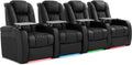PBRO Home Theater Seating Genuine Leather Recliner Chair, Power Reclining & Headrest, USB A/C Charging Ports, Tray Table, Cup Holder Ambient Lighting Black Row of 4