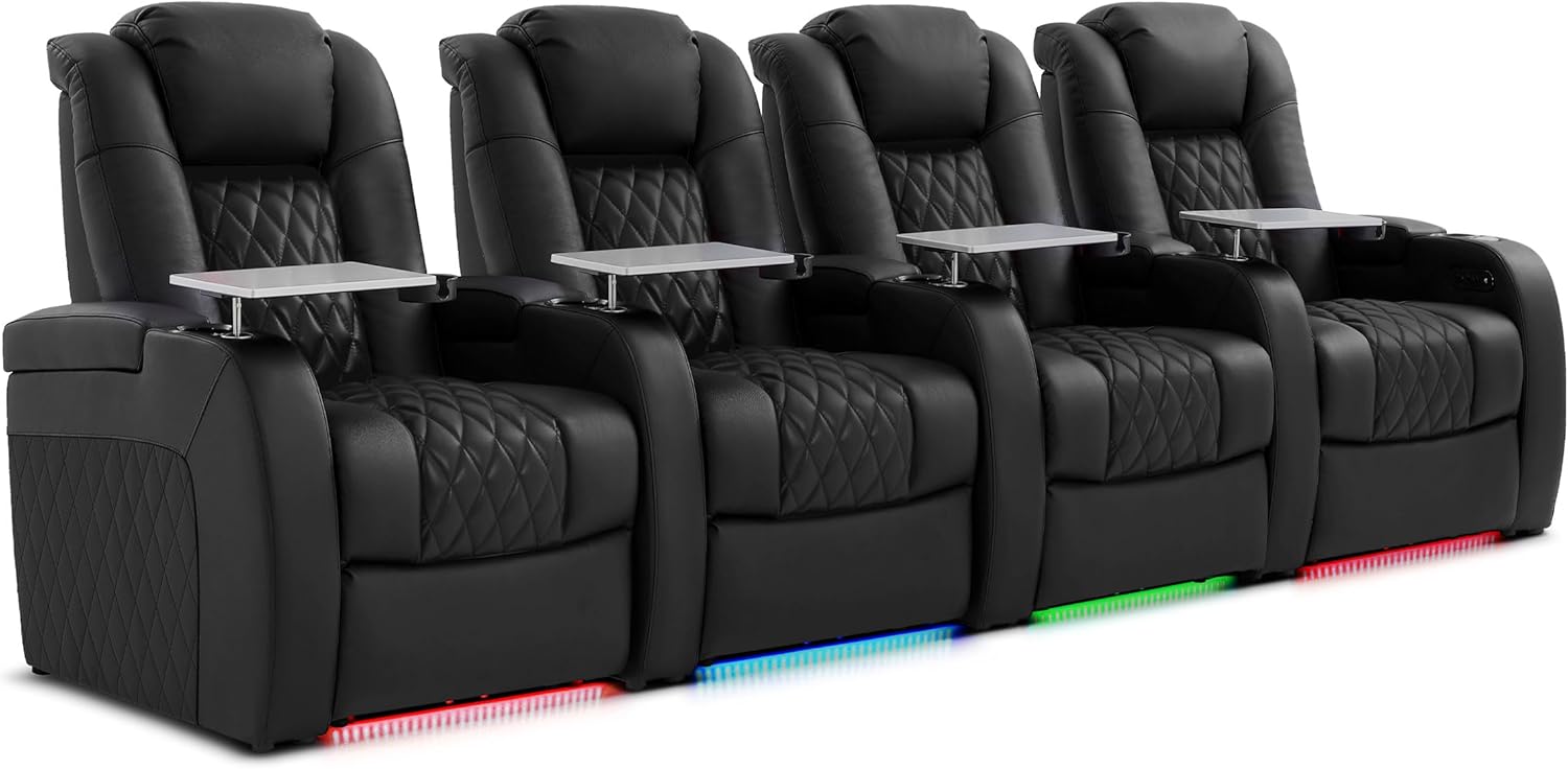 PBRO Home Theater Seating Genuine Leather Recliner Chair, Power Reclining & Headrest, USB A/C Charging Ports, Tray Table, Cup Holder Ambient Lighting Black Row of 4