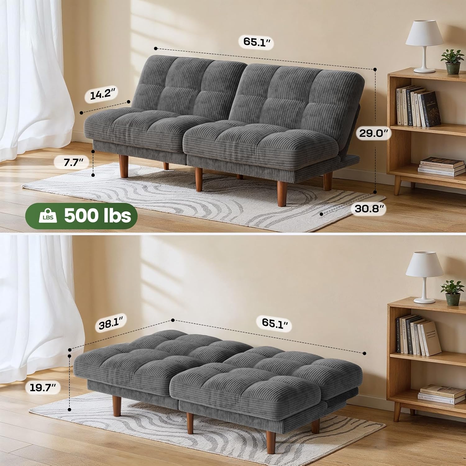 Marsail 65" Futon Sofa Bed, Convertible Small Recliner Sleeper Sofa Bed with Adjustable Backrest, Corduroy Loveseat Futon Couch for Small Apartments, Living Room Office, Guest Room (Grey)