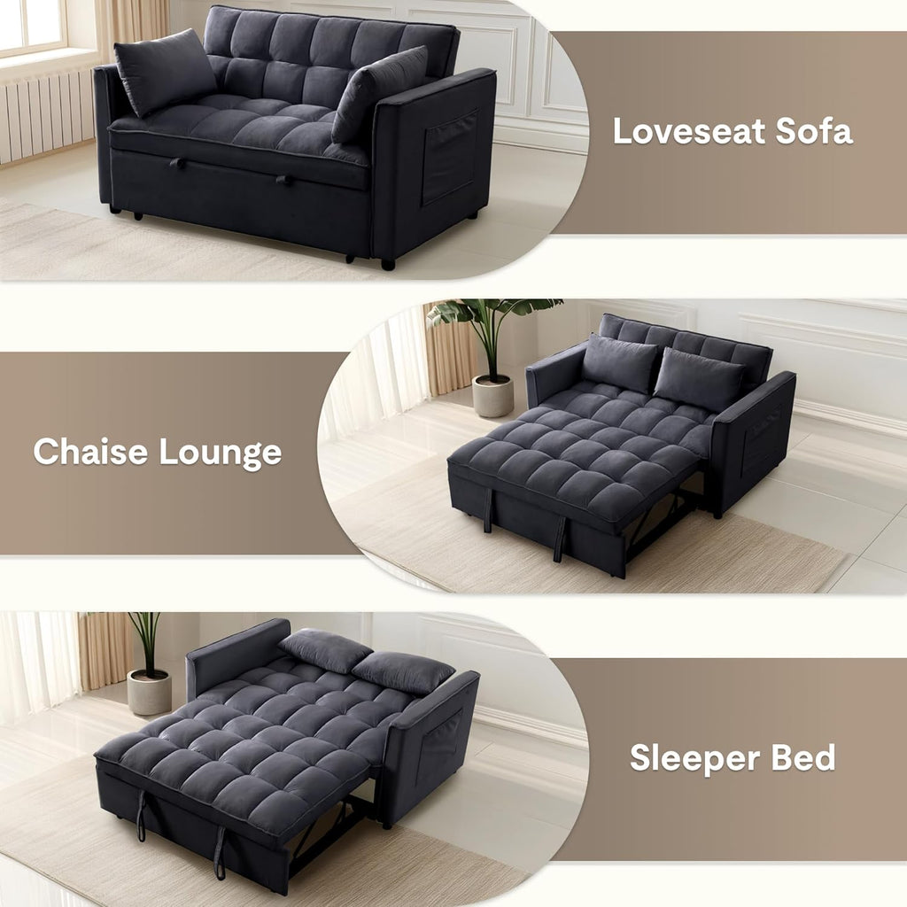 FLEXISPOT XCT4 Pull Out Couch, 3-in-1 Sleeper Sofa Bed with Adjustable Backrest, Loveseat Sleeper with Pillows & Side Pockets, Convertible Futon Couch for Small Spaces Guest Room Apartment, Black