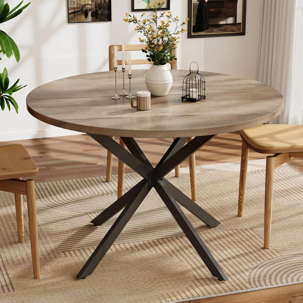 Vantic 47" Round Dining Table for 4-6 People, Farmhouse Wood Kitchen Table for Small Space, Circle Dining Table with Metal Base for Kitchen & Living Room, Ivory