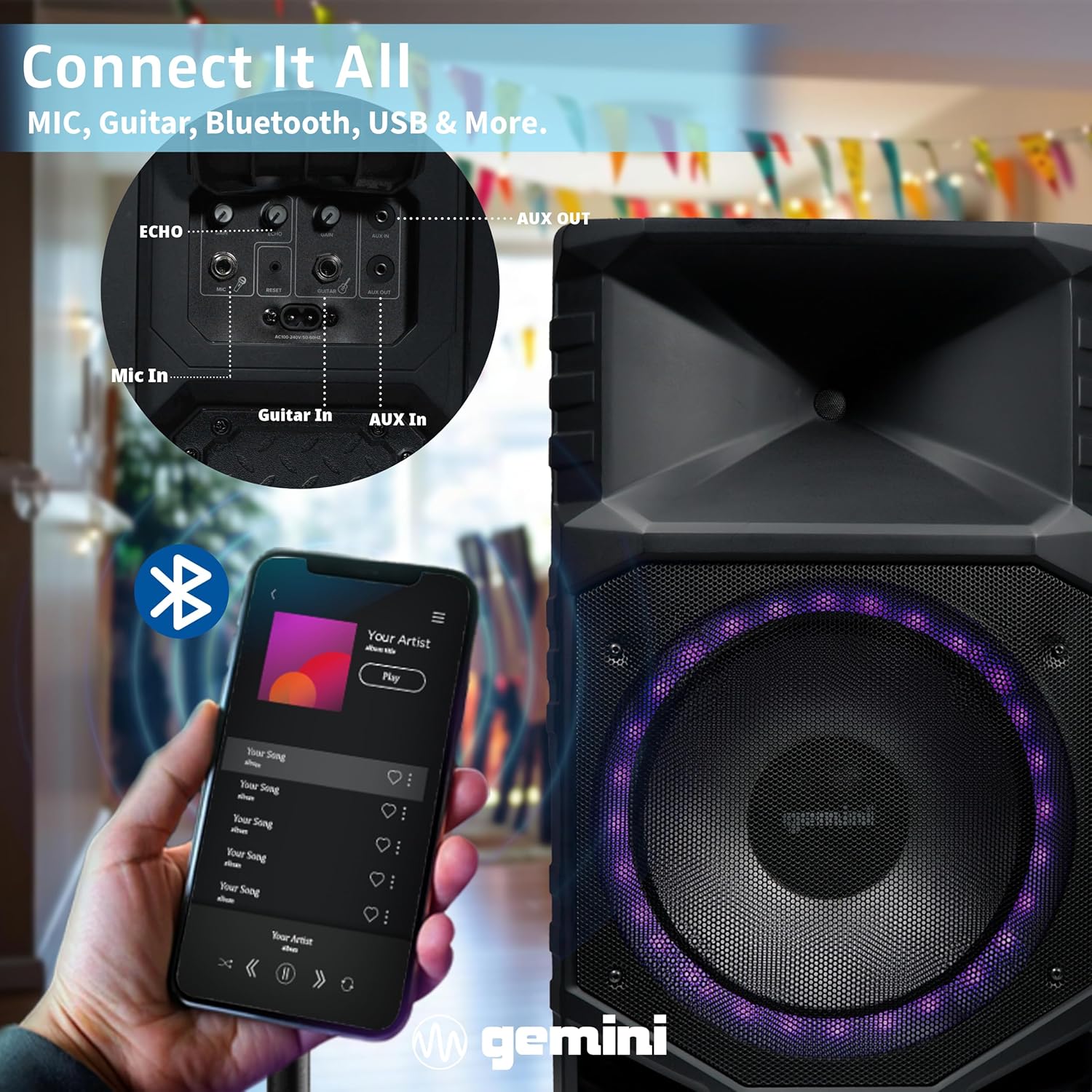 Gemini Sound Portable PA Speaker System with Bluetooth – 15" Woofer, All-Weather IPX4, 24Hr Battery, RGB LED Party Lights, Mic & Guitar Inputs, USB/FM Radio, Wireless Stereo Link (GXP-T1500)