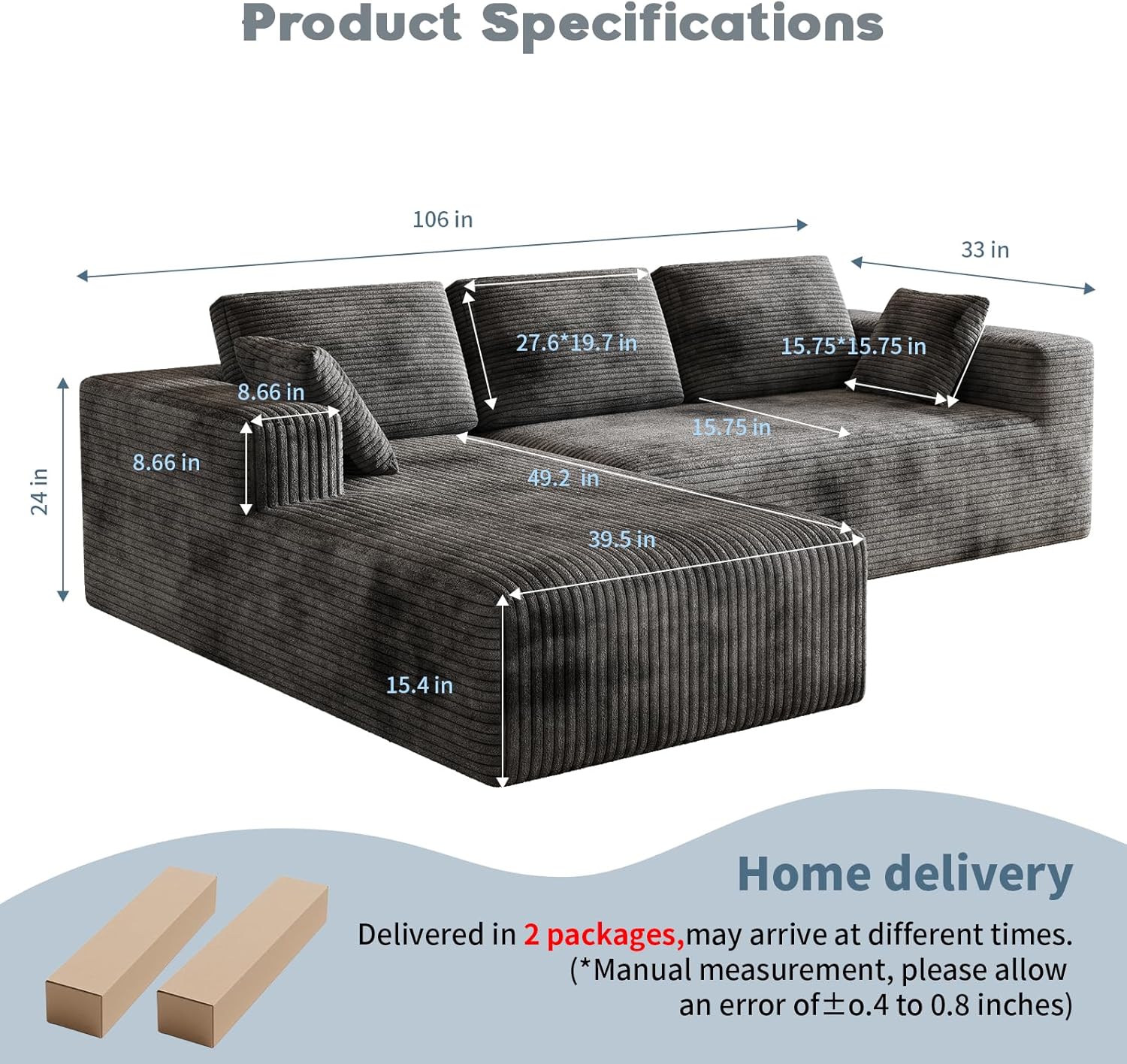 106" Corduroy Sectional Couch, Boneless L Shaped Couch with Deep Seat, Cloud Foam Sofa with Oversized Chaise, Sectional Sofa No Assembly Needed for Living Room