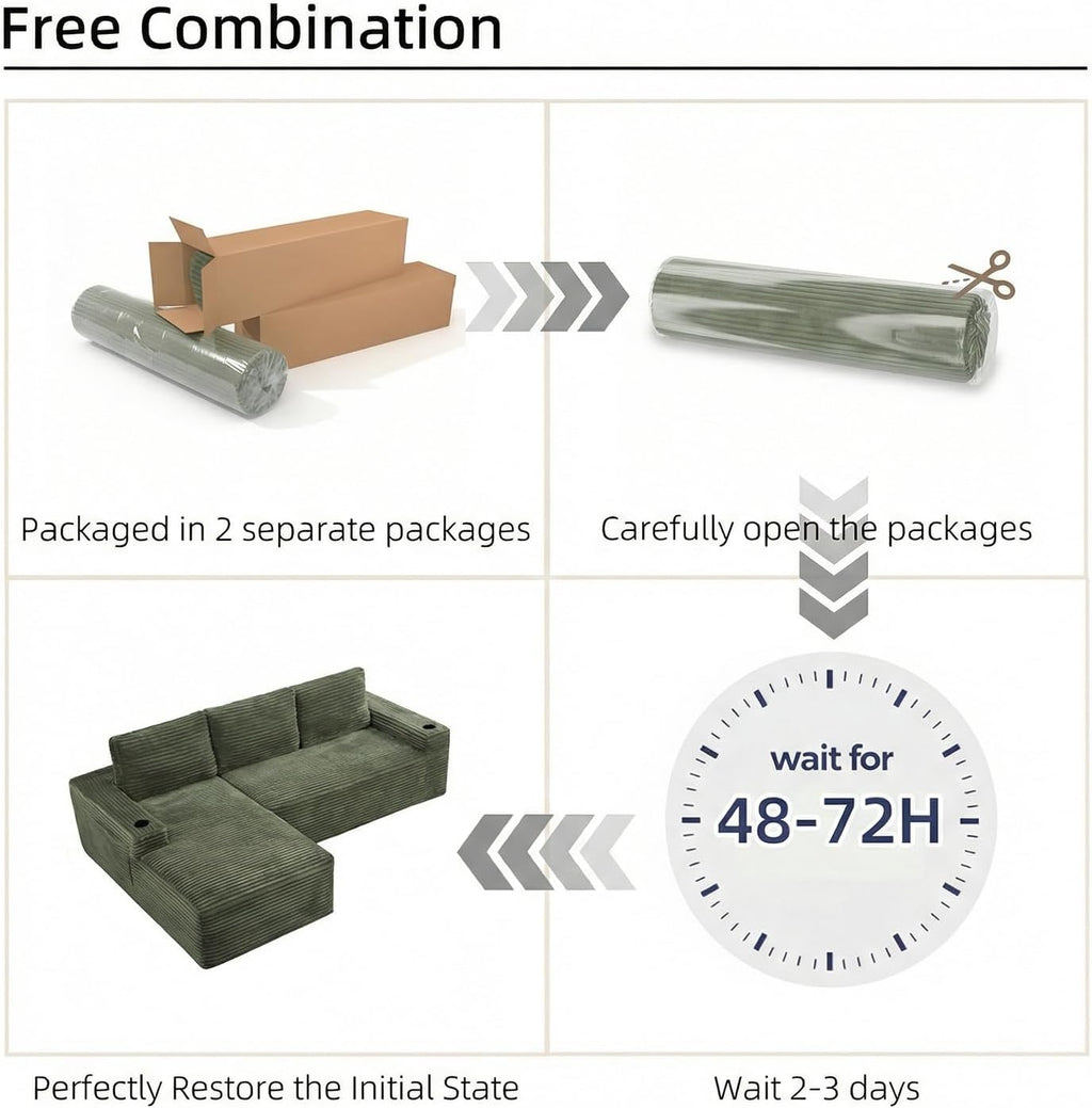 104" L Shaped Boneless Sectional Couches for Living Room, Comfy Corduroy Floor Cloud Sofa with Chaise and Cup Holder, Wide Armrest, Deep Seat, Assembly Free, Ideal for Small Spaces, Green