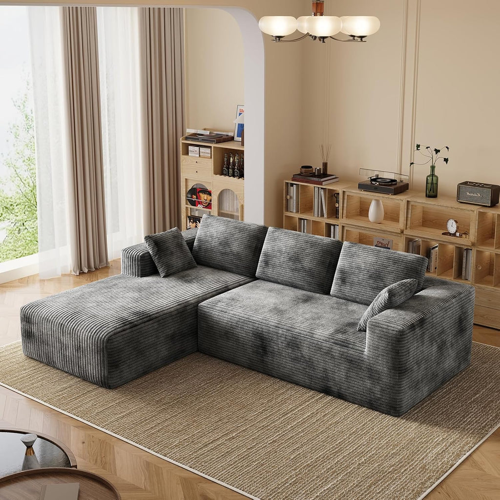 106" Corduroy Sectional Couch, Boneless L Shaped Couch with Deep Seat, Cloud Foam Sofa with Oversized Chaise, Sectional Sofa No Assembly Needed for Living Room