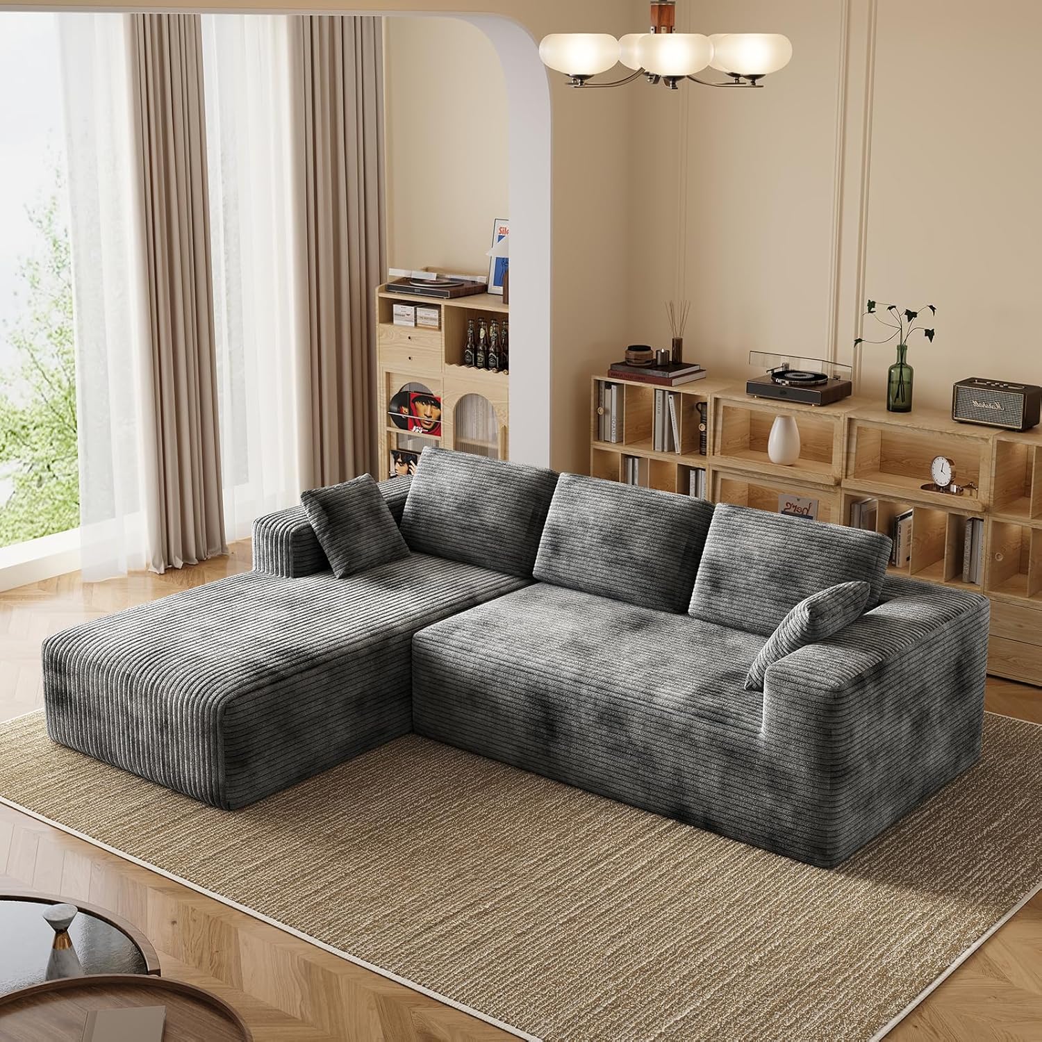 106" Corduroy Sectional Couch, Boneless L Shaped Couch with Deep Seat, Cloud Foam Sofa with Oversized Chaise, Sectional Sofa No Assembly Needed for Living Room