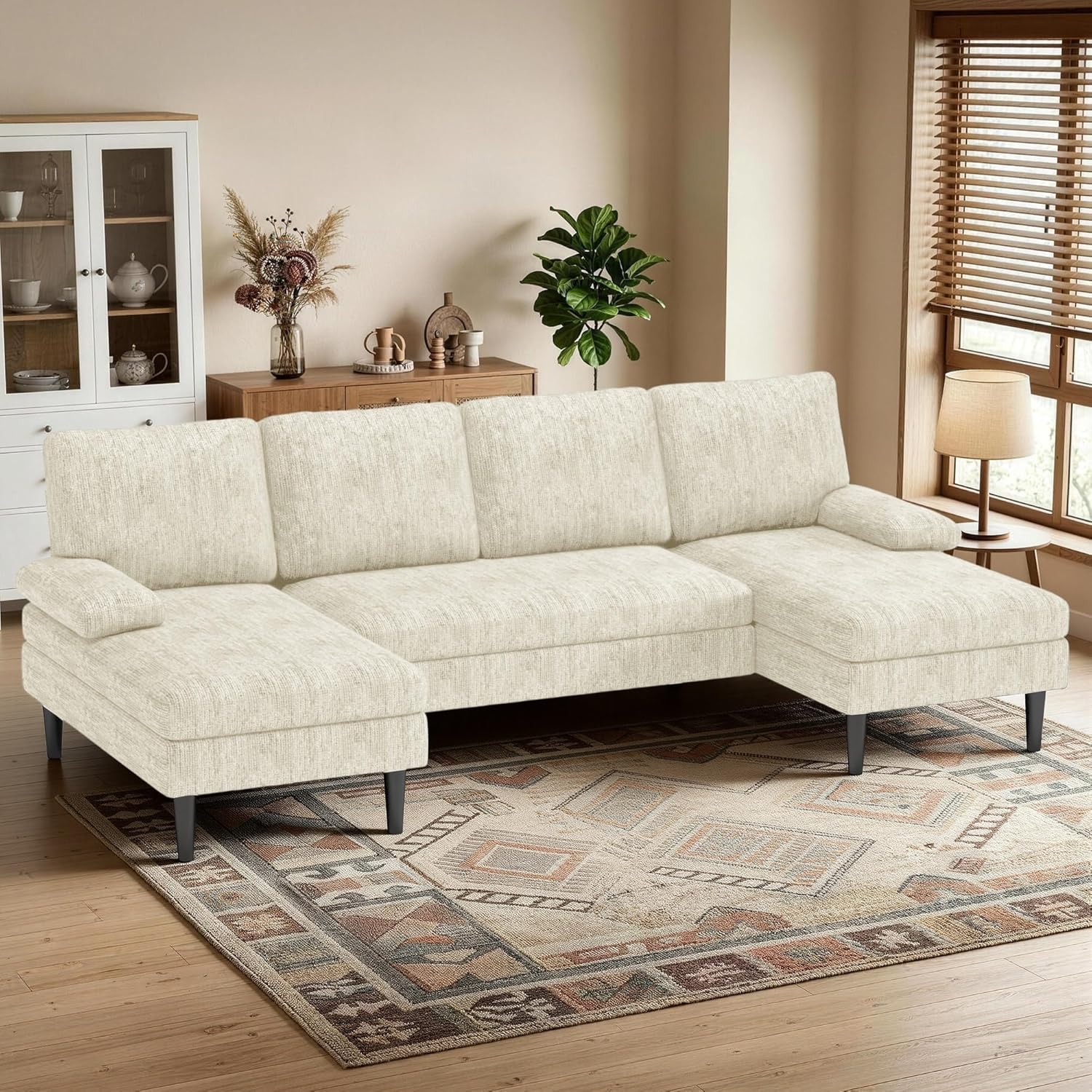 Korser U-Shaped Sectional Couches for Living Room, 101 Inch Modern Modular Sofa with Double Chaise Lounge, Comfy Chenille Fabric 4-Seat Couch Set for Apartment, Beige