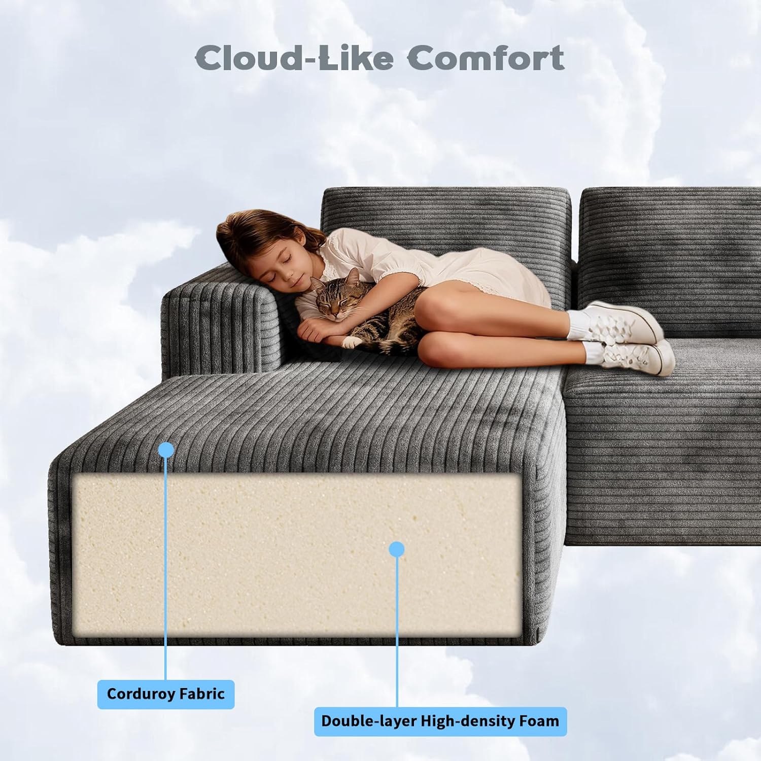 106" Corduroy Sectional Couch, Boneless L Shaped Couch with Deep Seat, Cloud Foam Sofa with Oversized Chaise, Sectional Sofa No Assembly Needed for Living Room